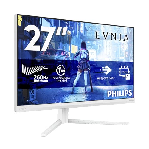 Philips Evnia Gaming Moniteur 27M2N5201P 27 Pouce 260Hz Fast IPS Dalle, 1ms GtG, HDR10, G-Sync Compatible, Ajustable en Hauteur (1920x1080 HDMI 1x 2.0 DP 1x 1.4) Blanc