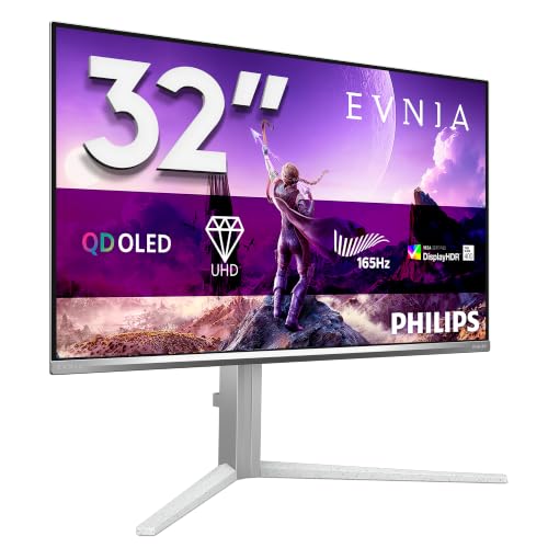 PHILIPS Moniteur 32M2N6901A 32 Pouce 165HZ QD-OLED Dalle, 0.03ms GtG, HDR400 TrueBlack, FreeSync Prem. Pro, G-Sync Comp., Ajustable en Hauteur, USB Hub(3840x2160 HDMI 2X 2.1 DP 1x 1.4) Blanc