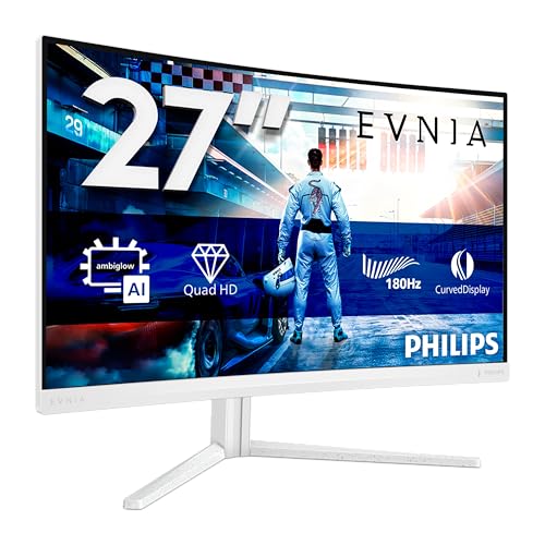 Philips Evnia Gaming Moniteur Incurvé, 27M2C5591 27 pouce 180Hz Fast VA Dalle, 1ms GtG, HDR10, FreeSync Premium, Ajustable en hauteur, (2560x1440 HDMI 2x 2.0 DP 1x 1.4) Blanc