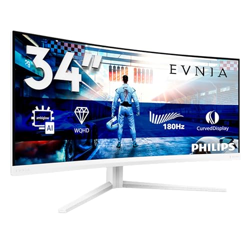 Philips Evnia Gaming Moniteur Incurvé, 34M2C5691QA 34 Pouce 200Hz Fast VA Dalle, 1ms GtG, HDR10, FreeSync Premium, Ajustable en Hauteur, Haut-parleurs, USB Hub(3440x1440 HDMI 2X 2.0 DP 1x 1.4) Blanc