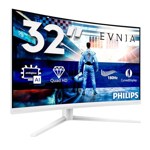 Philips Evnia Gaming Moniteur Incurvé, 32M2C5591 32 pouce 180Hz Fast VA Dalle, 1ms GtG, HDR10, FreeSync, Ajustable en hauteur, (2560x1440 HDMI 2x 2.0 DP 1x 1.4) Blanc