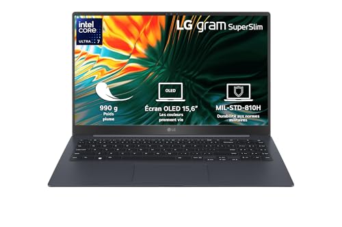 LG Gram Superslim 15Z90ST-G.AP78F - PC Portable 15,6 990g, écran OLED FHD, Plateforme Intel Evo Ultra 7 155H, RAM 16Go, SSD 1To NVMe, Intel Iris XE, Thunderbolt 4, Windows 11 Home, Clavier AZERTY