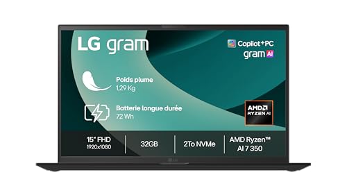 PC portable gram 15Z80T G AU8BF 129kg ecran FHD format 16 9 Intel Evo AMD Ryzen 7 AI350 RAM 32Go SSD 2 To NVMe AMD Radeon Graphics Windows 11 Home Next Gen  Premium Black Obisidien
