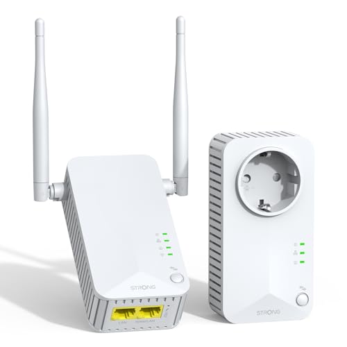 STRONG CPL AV600 Mbps, WiFi 300 Mbps, Prise Intégrée Type F, Box CPL WiFi HomePlug AV2, Plug Play avec Bouton Pair, Port Ethernet 100 Mbps, Mode économie d’énergie, Kit de 2 (POWERLWF600DUOEUV2)