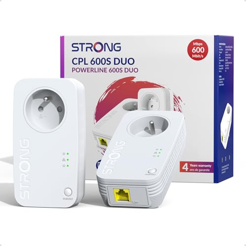 STRONG CPL AV600 Mbps, Prise Intégrée, Box CPL HomePlug AV2, Plug Play, Compatible avec Toutes Les Box, Port Ethernet 100 Mbps, Mode économie d’énergie, Idéal pour Multi-TV, PC, Kit de 2 (PL600S)
