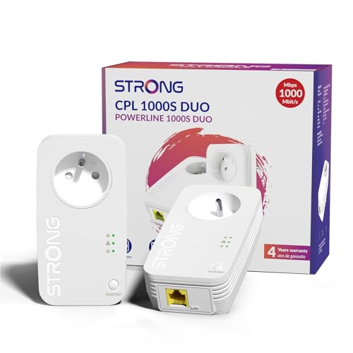 Strong CPL AV1000 Mbps, Prise Intégrée, Box CPL HomePlug AV2, Port Ethernet Gigabit, Plug Play, Compatible avec Toutes Les Box, Mode économie d’énergie, Sécurité à Une Touche, Kit de 2 (PL1000S)