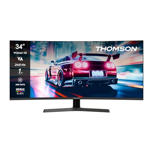 THOMSON Gaming Monitor 34 Pouces UWQHD Monitor, 240Hz VA EyeCare Display, 1ms, Adaptive Sync, Speaker, HDR10, HDMI DP, M34QG7Y14C