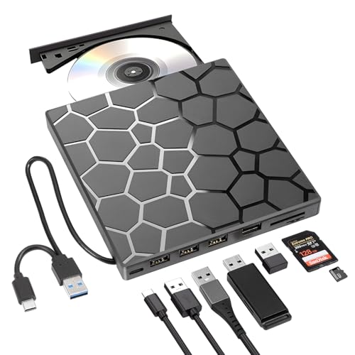 Carehabi Lecteur CD DVD Externe pour PC USB 3.0 Type-C Lecteur CD DVD RW Drive Portable Graveur de CD DVD avec Port USB SD TF pour Windows MacOS Laptop Desktops Win11 10 8 7 XP Linux Mac OS