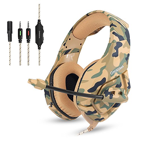 ✮ Head Casque de jeu confortable avec un tissu doux pour la peau et une sur oreillette super douce pour un port de longue durée, un ajustement de taille flexible, un style de camouflage à la mode ✮ Réglage du volume en ligne et contrôle du microphone (avec clip de collier) ✮ Speakers Haut parleurs de haute qualité de 50 mm, qualité audio de qualité supérieure, microphone antibruit, conversation claire, idéal pour les jeux et les conversations ✮ Poids seulement 315 g, câble tressé pour casque court 1, 2 m long 1 à 2 câble 1, 2 m ✮ Pour les jeux