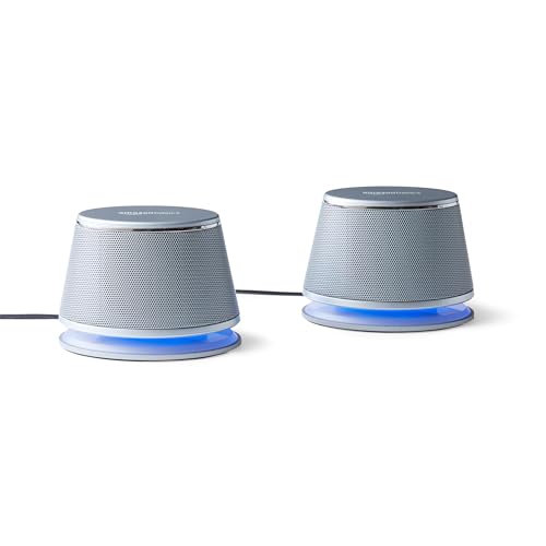 Enceintes pour ordinateur haute performance (lot de 1), alimentées par USB (5 V), avec membrane inférieure pour des basses “éclatantes” Configuration simple prête à l’emploi (aucun pilote nécessaire) contrôle du volume intégré pour un ajustement facile du volume Finition métal argenté brossé et éclairage d’accentuation bleu à LED pour un style moderne et élégant base rembourrée pour la stabilité et pour éviter les rayures Gamme de fréquences de 80 Hz à 20 KHz 2,4 watts de valeur efficace totale (1,2 watts par enceinte) Mesure 9,9 x 6,6 x 7,1 cm (chacune) (L x l x H) pèse environ 0,63 kg