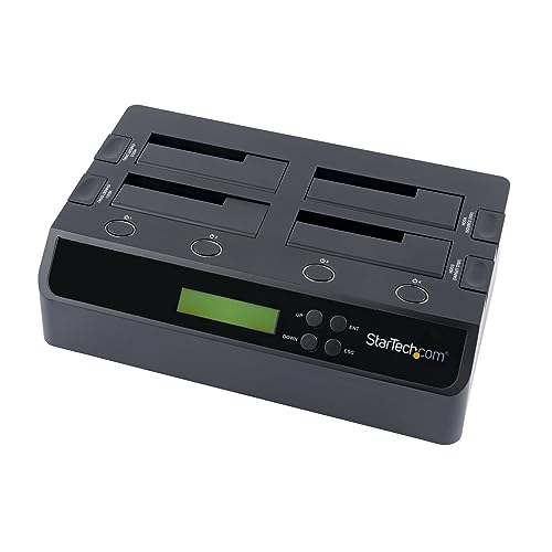 DUPLIQUEZ ET INSTALLEZ DES DISQUES SATA Ce duplicateur de disques durs à 4 baies permet de cloner d'effacer de manière autonome des disques SATA 2,5 3,5 sans PC - Cette station d'accueil fonctionne également comme un adaptateur USB 3.2 eSATA vers SATA COMPATIBILITÉ DES DRIVES Fonctionne avec les SSD HDD 2.5 3.5 SATA et IDE de toute capacité - Adaptateur câbles IDE inclus prennent pour IDE 40-pin 3.5in et 44-pin 2.5in - Indépendant de l'OS, câbles eSATA et USB-A et adaptateur d'alimentation universel MODES DE DUPLICATION ET D'EFFACEMENT Jusqu'à 4,2 Go min Clonage autonome secteur par secteur - Le disque cible doit être égal plus grand que le disque source - Supporte l'effacement rapide et l'effacement sécurisé (NIST SP 800-88 Rev 1 Purge) AFFICHAGE DU MENU LCD Utilisez les boutons du menu pour sélectionner les modes de duplication d'effacement, connexion hôte USB 3.2 Gen 1 (5Gbps) ou eSATA (3Gbps) ( optionel ) - Chargement par le haut avec portes et boutons d'éjection, DEL multifonctions LE CHOIX DES PROFESSIONNELS DE L'IT Conçu et fabriqué pour les professionnels de l'informatique, ce socle de duplication de disques durs est garanti pendant 2 ans et bénéficie d'une assistance technique multilingue gratuite à vie 24 5