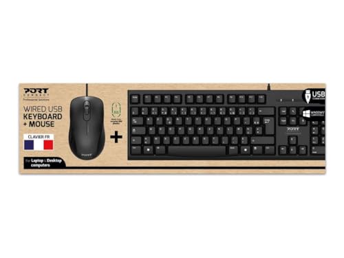 Clavier avec 104 touches avec une connexion USB Souris avec 3 boutons et molette de déroulement Capteur optique 1000 DPI Souris avec design ambidextre Compatibilité Windows