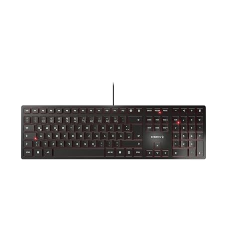 Clavier de conception filaire Boîtier particulièrement plat pour un travail sans fatigue - connexion ultra-facile par Plug Play sans logiciel supplémentaire (connexion USB-A) Pour les utilisateurs soucieux du style Son design puriste et tendance avec ses touches rouges* fait de ce clavier filaire un atout visuel sur chaque bureau (* le clavier n'est pas rétro-éclairé) Taper plus vite et en faire plus La technologie à ciseaux CHERRY SX permet un point de pression précis et une sensation de frappe idéale. Parfait pour ceux qui saisissent beaucoup ! 3 LED d’état (touches CAPS LOCK, NUM et SCROLL) et 6 touches supplémentaires pratiques Verrouillage de Windows, ouverture du navigateur, baisse du volume, couper le son et ouverture de la calculatrice en appuyant sur une seule touche Robuste et haut de gamme Plaque métallique intégrée, pieds d’appui en caoutchouc antidérapant, plus de 10 millions d’actionnements des touches sans perte de la qualité de saisie ainsi que marquage durable des touches