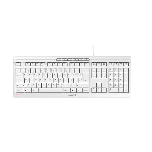 Clavier filaire haut de gamme avec pavé numérique Plat, fiable et ultra-silencieux - récompensé par le label écologique « Blauer Engel » (Ange bleu) et le label GS « Geprüfte Sicherheit » (sécurité contrôlée) Taper plus vite et en faire plus La technologie à ciseaux CHERRY SX permet un point de pression précis et une sensation de frappe idéale. Parfait pour ceux qui écrivent beaucoup ! 7 LED d’état (touches CAPS LOCK, NUM et SCROLL), 2 pieds dépliables pratiques et touches résistantes à l'usure Le marquage des touches reste très longtemps lisible Antidérapant et stable 8 pieds en caoutchouc et une plaque métallique intégrée assurent la stabilité de ce clavier plat et évitent que rien ne glisse 14 touches supplémentaires pour les applications Office et multimédia Ouverture du navigateur, programme de messagerie, titre suivant, verrouillage du PC, lecture pause, calculatrice et bien plus encore