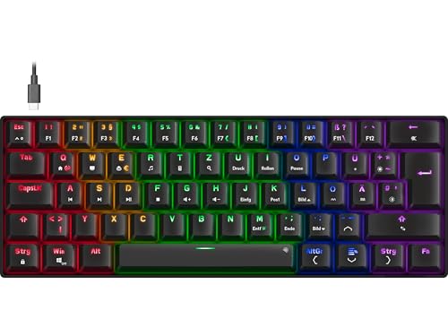 Clavier de jeu compact mécanique avec Brown Switches pour une réactivité précise pendant le jeu et une durée de vie impressionnante allant jusqu'à 50 millions de frappes, pieds antidérapants et plaque de base en acier robuste pour une bonne stabilité, une bonne stabilité et une bonne durabilité, réglable en hauteur pour un confort optimal pendant les jeux Petit clavier gaming étroit avec N-Key Rollover Anti-Ghosting enregistre toutes les actions sur les touches sans perte lors de la saisie pour un contrôle fiable de toutes les commandes en même temps, idéal pour les entrées rapides Extension des fonctions multimédia possible grâce aux combinaisons de touches FN, touche Windows désactivable (Win-Key-Lock) pour une expérience de jeu optimale Clavier gamer LED RGB avec différents effets d'éclairage (également désactivables), vitesse des effets et différents niveaux de luminosité réglables pour une adaptation individuelle dans la configuration de jeu Clavier de jeu avec câble Connexion par câble USB-C sur USB-A amovible (inclus) pour une mobilité maximale, connexion USB-C sur le clavier de jeu, longueur du câble 1,65m, dimensions 290 x 100 x 40mm (l x p x h), poids 550g (câble inclus)