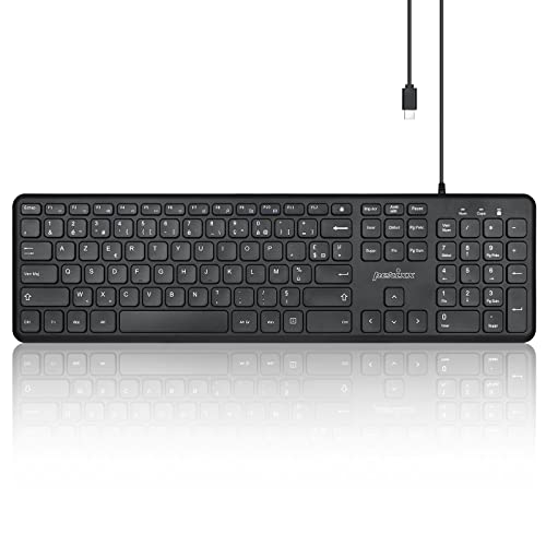 CLAVIER FILAIRE USB TYPE C - Conçu pour les appareils de nouvelle génération avec connexion USB de type C Fonctionne avec iPad, iMac, MacBook, tablettes Android, ordinateur Windows et ordinateurs portables Windows DESIGN MODERNE - Un clavier au design fin avec des touches de style chiclet et un design pleine grandeur qui est magnifique sur votre espace de travail Un clavier parfait pour une utilisation quotidienne à la maison ou au bureau Avec 11 touches de raccourci pratiques et touches multimédias (F1-F10) TOUCHES SILENCIEUX - Touches à profil bas qui offrent un confort sans le son de frappe fort grâce à l'interrupteur à clé à ciseaux stable Profitez d'une saisie réactive où que vous travailliez ADAPTÉ POUR LA SALLE DE CLASSE - Connexion filaire USB C pour une connexion fiable et aucune batterie requise Empêche les interférences entre les autres appareils et les étudiants d'obtenir des informations de la connexion sans fil, assure des connexions Internet fiables CONFIGURATION REQUISE - Port USB Type-C, Windows 7 8 10, Chrome OS, macOS, Android (les touches multimédia ne fonctionnent que sur le système d'exploitation Windows)
