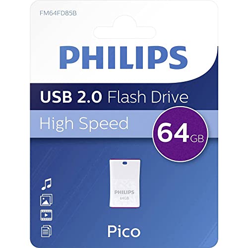 Transfert de données avec High Speed clé USB 2.0 le Pico High Speed clé USB 2.0 garantit une sauvegarde et un transfert rapides des fichiers (multimédia) tels que les photos, les vidéos et les fichiers MP3. Avec 64 Go de mémoire, vous avez assez de capacité pour stocker plus de 18.000 de vos photos préférées ou 11.200 fichiers de musique MP3*, *) Basé sur des photos compressées en jpg 10MP et des fichiers MP3 de 3 minutes (256kp s, taille 5,7 Mo). Design ultra-compact grâce à sa taille, vous pouvez facilement laisser la clé de mémoire connectée au port USB de votre ordinateur portable, même lorsque vous êtes en déplacement et que vous l'utilisez avec des téléviseurs intelligents ou des systèmes audio de voiture. Boîtier compact transfert de données super rapide dans un boîtier super compact seulement 1,5 x 2,3 x 0,8 cm. Livraison Philips Pico High-Speed Clé USB 2.0 haute vitesse 64 Go, simple et fiable à utiliser, convient comme mémoire de secours, blanc violet