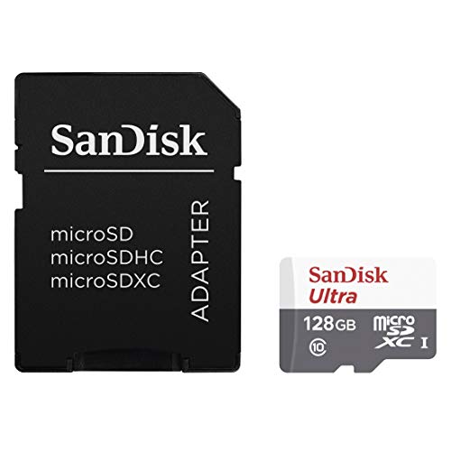 SanDisk Ultra microSDXC 128Gb UHS-I SD adapter. Capacité 128 Go Type de Carte Flash microSDXC Classe de mémoire flash classe 10 Type de mémoire interne UHS-I Vitesse de lecture 80 mo s. Couleur du produit Gris Blanc