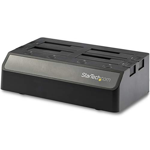 STATION D'ACCUEIL POUR DISQUE DUR Cette docking station pour disque dur à 4 baies permet d'accéder instantanément à 4 disques durs SATA 2,5 3,5 pour la sauvegarde de fichiers création d'images transfert via USB 3.2 Gen 2 (10Gbps). Conception sans outil COMPATIBILITÉ DES DRIVES Supporte les HDD et SSD SATA 2.5 3.5 de toute capacité - Indépendant de l'OS - Rétrocompatible avec SATA I II - Adaptateur IDE (SAT2IDEADP) vendu séparément - câbles USB A C de 1,8m et un adaptateur d'alimentation universel PERFORMANCE Les contrôleurs SATA alimentés indépendamment permettent le remplacement à chaud sans interrompre l'utilisation des autres baies - Les 2 ventilateurs de 60mm maintiennent la température optimale des disques pour la fiabilité les performances CARACTÉRISTIQUES Dock disques durs à 4 baies - SATA I II III (1,5 3,0 6,0Gbps), Connexion hôte USB 3.2 Gen 2 (10Gbps), 2 ventilateurs de 60mm, Sans toiles plateaux, Baies disques remplaçables à chaud, Chargement par le haut, Voyants d'activité LED LE CHOIX DES PROFESSIONNELS DE L'IT Conçu et fabriqué pour les professionnels de l'informatique, ce socle pour disque dur à quatre baies est garanti pendant 2 ans, y compris une assistance technique multilingue gratuite à vie, 24 5