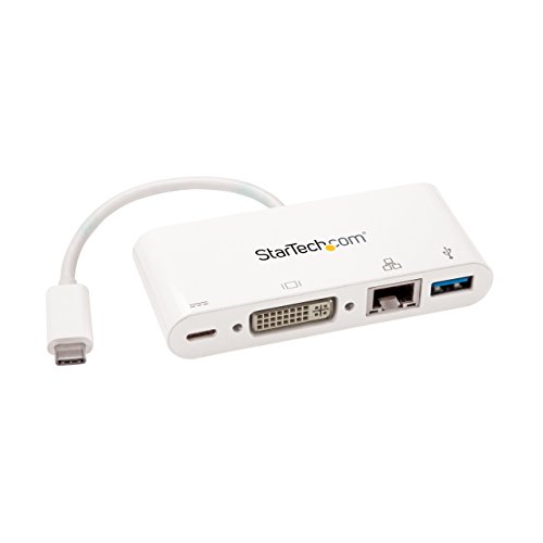 ADAPTATEUR MULTIFONCTION USB-C 4-IN-1 Cette mini station d'accueil USB C dispose d'une sortie vidéo DVI-D, d'un port Gigabit Ethernet, d'un port USB-A 3.0 1x 5Gbps et d'un chargeur Power Delivery 60W, pour travailler à la maison ou au bureau SORTIE VIDÉO NUMÉRIQUE DVI La sortie vidéo numérique DVI de cet adaptateur multiport USB Type-C fournit une image d'affichage numérique plus nette et prend en charge des résolutions allant jusqu'à 1920x1200 1080p (liaison simple) ALIMENTATION PAR ORDINATEUR OU UN ADAPTATEUR EXTERNE Le dock peut être alimentée par le bus USB ou par un adaptateur USB-C. Chargez le PC portable via PD Passthrough avec votre adaptateur d'alimentation USB-C (7W pour le dock, 53W pour la charge) COMPATIBILITÉ DES APPAREILS La station d'accueil USB-C portable avec boîtier blanc est compatible avec les ordinateurs portables et ultrabooks, notamment MacBook Pro Air, HP EliteBook, Dell XPS, Lenovo ThinkPad X1 Carbon et Chromebooks COMPATIBILITÉ GÉNÉRALE DES SYSTÈMES D'EXPLOITATION Grâce à la configuration automatique des pilotes, cette station d'accueil de voyage USB-C tout-en-un prend en charge les principaux systèmes d'exploitation, notamment Windows, macOS, Chrome OS et TB3