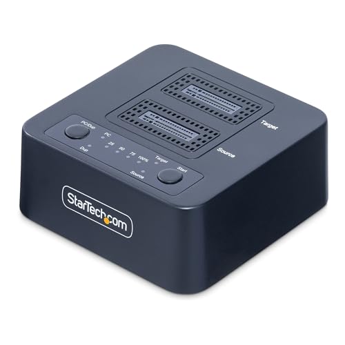 DUPLICATEUR M.2 STANDALONE Clonez dupliquez des SSD M.2 NVMe sans avoir besoin d'un PC Taux de duplication secteur par secteur très performants allant jusqu'à 90 Gopm Fonctionne avec n'importe quel format de fichier et copie l'intégralité du disque DOCK POUR DISQUE M.2 la connexion hôte USB 3.2 Gen2x2 (20Gbps) permet un accès externe et une fonctionnalité de stockage pour les disques M.2 NVMe, facilitant le transfert de données entre différents PC sans qu'il soit nécessaire d'installer les disques COMPACT ET CONVIVIAL Le petit format nécessite un espace de bureau ou de stockage minimal Les DEL indiquent l'alimentation la progression l'état SMART Un signal sonore confirme la fin de la duplication Le refroidissement actif et passif COMPATIBILITÉ Aucun pilote logiciel requis La conception à chargement par le haut garantit que tous les disques PCIe M.2 (M-Key) s'adapteront Prend en charge la taille de secteur 4Kn Le disque cible doit être égal ou supérieur au disque source APPLICATIONS Solution autonome pour le clonage de disques M.2 NVMe sans utiliser de ressources informatiques Idéale pour la sauvegarde de données, les mises à niveau matérielles, les tâches d'imagerie et la maintenance de routine