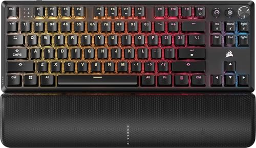 Disposition tenkeyless peu encombrante la disposition compacte tenkeyless s'adapte aux configurations étroites et offre de la place pour les grands mouvements de la souris Commutateurs MLX Red v2 pré-lubrifiés les commutateurs mécaniques linéaires CORSAIR MLX Red v2 pré-lubrifiés offrent des frappes fluides, réactives et stables, avec un éclairage RVB extra lumineux par touche Son de frappe très agréable deux couches de mousse de haute qualité et deux stabilisateurs pré-lubrifiés atténuent les bruits indésirables de clic et de tapotement pour une frappe agréable et douce Contrôle multimédia maître contrôlez le volume et plus encore avec un bouton rotatif multifonction et un bouton multimédia programmable que vous pouvez personnaliser dans iCUE Touches robustes à double tir les touches à double tir ABS robustes et durables ne se fissurent pas sous la pression