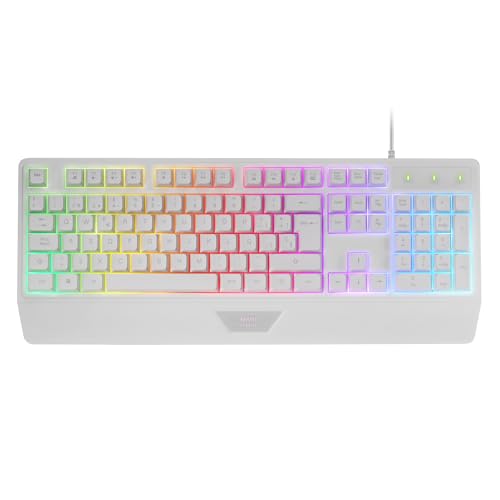 CLAVIER COMPLET H-MECH Le clavier gaming MK124 intègre la technologie H-Mech, combinant le meilleur des claviers mécaniques et à membrane Profitez de frappes précises et rapides pour une expérience fluide et efficace Clavier en langue Portugais ERGONOMIE AVANCÉE ET REPOSE-POIGNETS Le design ergonomique du clavier PC MK124 inclut un repose-poignets intégré, conçu pour réduire la fatigue et offrir un support optimal pendant de longues sessions de jeu ou de travail ÉCLAIRAGE FRGB RAINBOW Transformez votre setup avec l’éclairage FRGB Rainbow du clavier complet MK124, offrant des effets vibrants et une ambiance unique qui allie style et fonctionnalité TECHNOLOGIE ANTI-GHOSTING Grâce à la technologie anti-ghosting, chaque frappe est enregistrée avec précision Le clavier ergonomique MK124 de Mars Gaming garantit une réponse rapide et évite les erreurs critiques dans les moments clés COMPATIBILITÉ MULTIPLATEFORME Le clavier RGB MK124 est compatible avec Windows, Linux, Mac, PS4, PS5, Xbox One, Xbox Series X S et Nintendo Switch Que ce soit pour jouer ou travailler, ce clavier antighosting s’intègre parfaitement à votre plateforme préférée