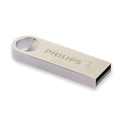 Transfert de données avec USB 2.0 haute vitesse la Moon High Speed clé USB 2.0 garantit une sauvegarde et un transfert rapides de vos fichiers (multimédia) préférés, tels que photos, vidéos et fichiers MP3. Avec une capacité de stockage de 128 Go, vous avez assez de capacité pour stocker plus de 36.000 de vos photos préférées ou 22.000 fichiers de musique MP3*. Idéal également pour stocker et partager des fichiers volumineux tels que des films 4K et Full HD. *) Basé sur des photos compressées jpg 10MP et des fichiers MP3 de 3 minutes (256kp s, taille 5,7Mo). Design boîtier en aluminium de couleur argentée avec port USB intégré. Toujours avec soi grâce à son design intelligent, la clé USB Moon peut être accrochée à un trousseau de clés. Contenu de la livraison Philips Moon High-Speed USB 2.0 Flash Drive 128 Go, simple et fiable à utiliser, convient comme mémoire de sauvegarde.